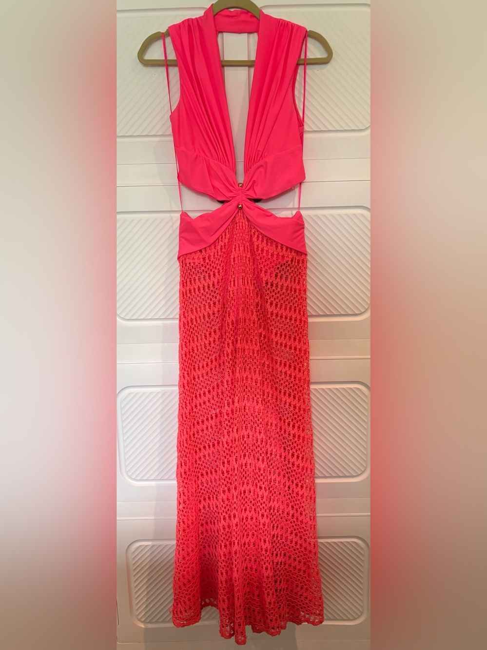 NWOT PatBo Pink Crochet Maxi Dress with Plunge Twist Bodice - Picture 4 of 6